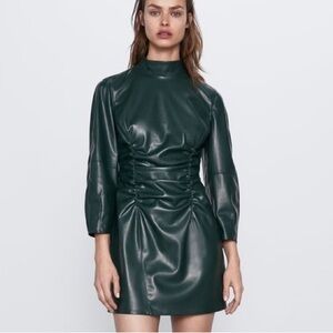 Zara Green Faux Leather Draped and Ruched Mini Dress